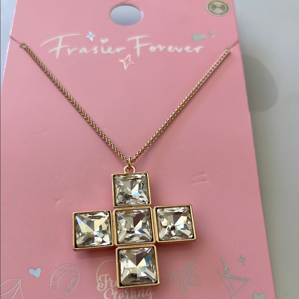 Frasier Sterling Gold Tone Cross Necklace with Crystal Rhinestone Accents